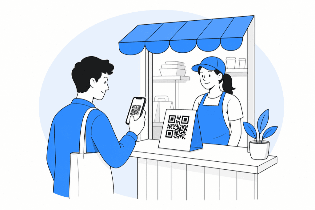 Customer scanning a QR code stand at a takeaway counter with their phone